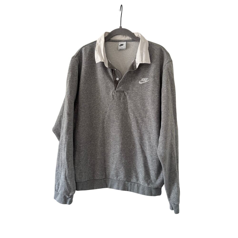 Nike Polo Sweatshirt Gray White Collar Pullover Fleece Logo Men’s Medium M - Picture 2 of 5